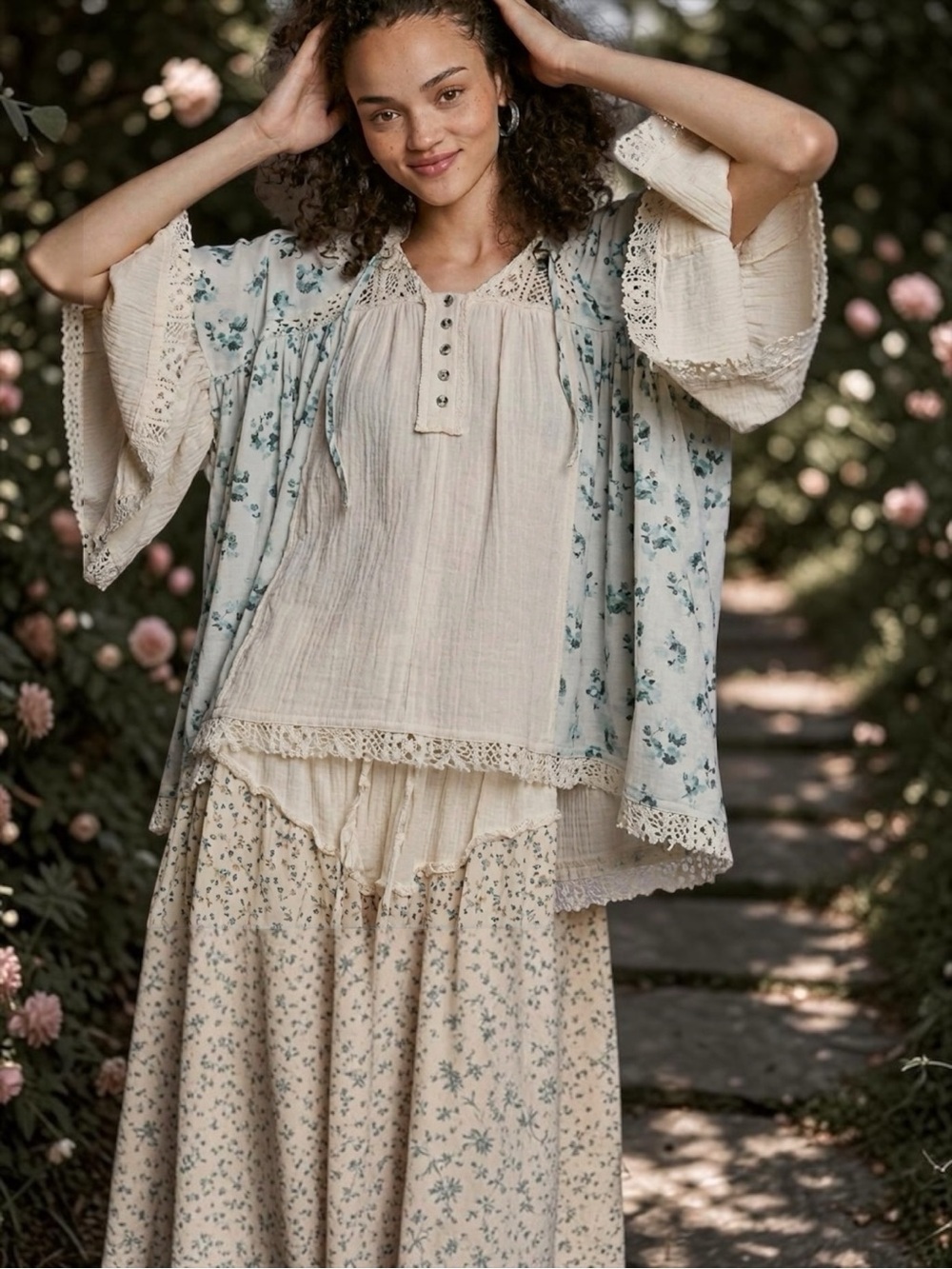 POL Patchwork Oversized Hooded Lace Gauze Floral Boho Retro Raw Seam Top Blouse